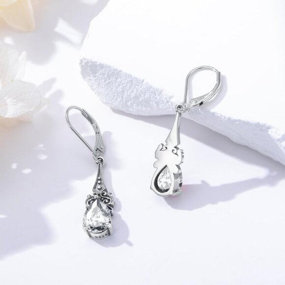 925 Sterling Silver Vintage Dangle Drop Earrings with Birthstone for Women - Picture 3 of 5